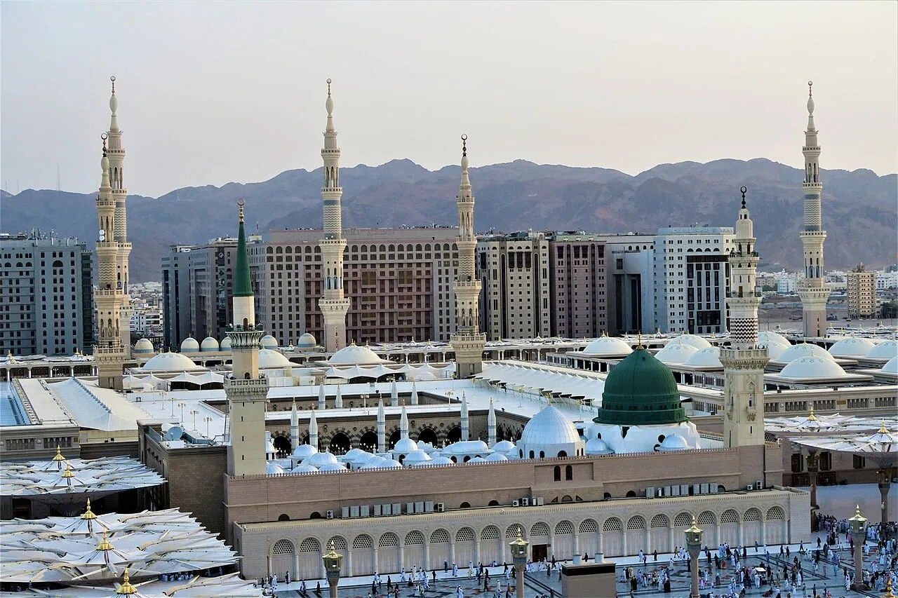 Aerial view of Al-Masjid an-Nabawi and the city of Madinah